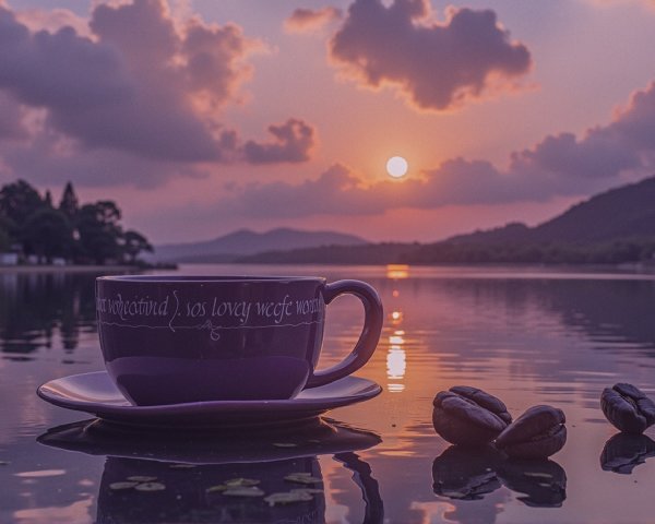 Purple Coffee Cup by Serene Lake at Sunset