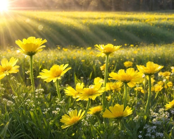 Vibrant Field of Yellow Flowers Under Sunlight