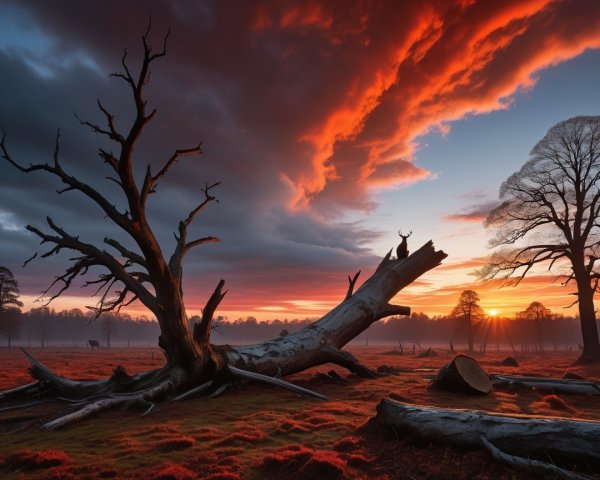 Sunset Landscape with Dramatic Sky and Silhouetted Stag