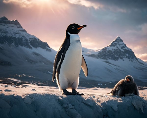 Penguin on Snowy Landscape with Chick and Mountains