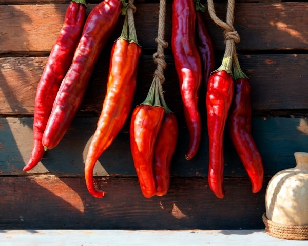 Close-up of red chili peppers on wooden wall