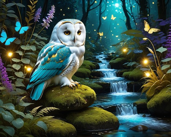 Majestic Owl Among Mossy Rocks by a Serene Stream