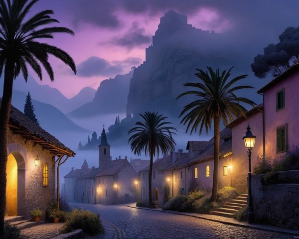 Tranquil Village Scene at Dusk with Cobblestone Streets
