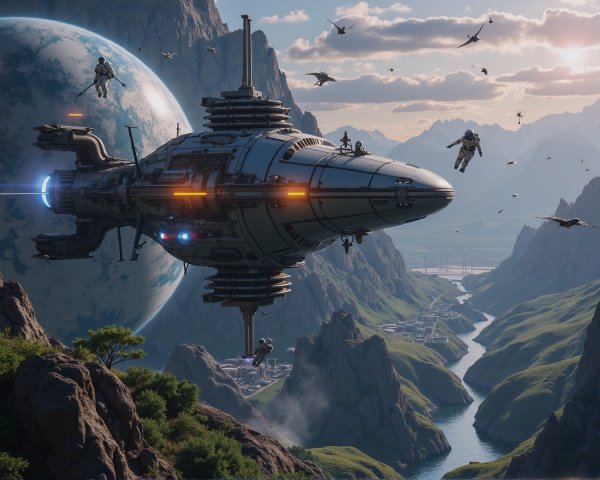 Futuristic Spacecraft Over Mountainous Landscape