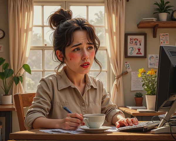 Young woman working at a desk in a sunlit room