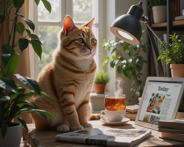 Ginger Cat on Table with Tea and Tablet in Sunlight