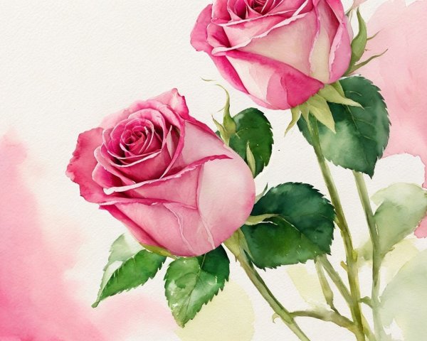 Watercolor Painting of Two Pink Roses with Leaves