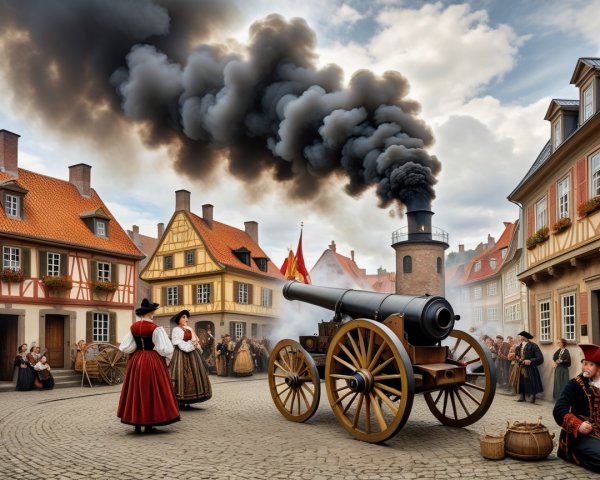 Cannon Firing in a Historic Village Square Scene