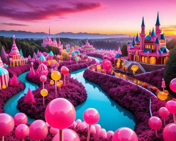 Whimsical Candy Kingdom Landscape at Sunset