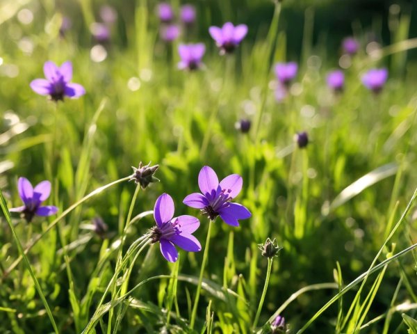Vibrant Meadow with Purple Flowers and Green Grass