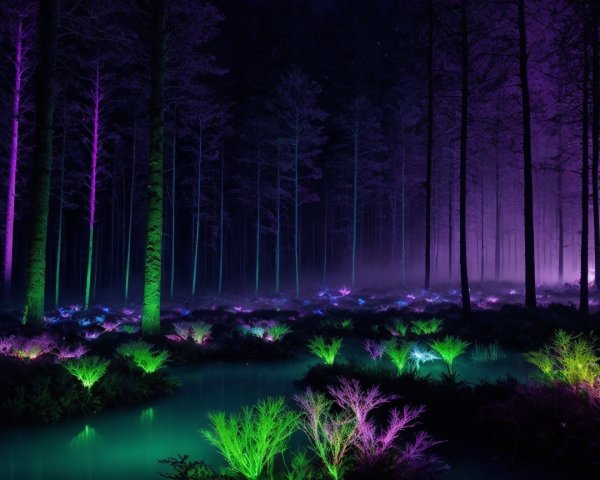Mystical Forest Scene with Vibrant Lights and Mist