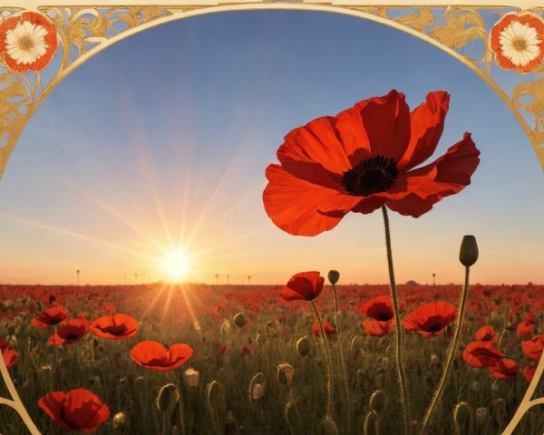 Vibrant Red Poppy Field Under a Golden Sky