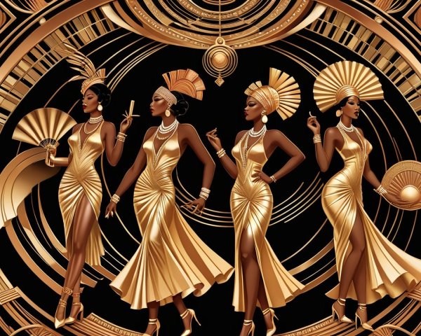 Art Deco Elegance with Glamorous Women in Gold Gowns