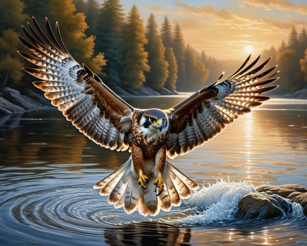 Hawk Soars Over Shimmering River at Sunrise