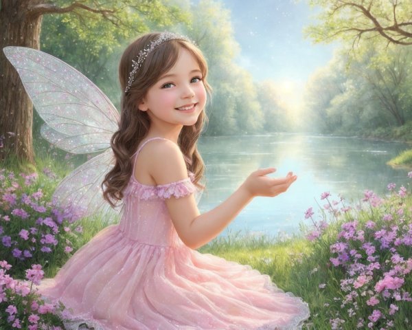 Whimsical Scene of a Girl with Fairy Wings by a Lake