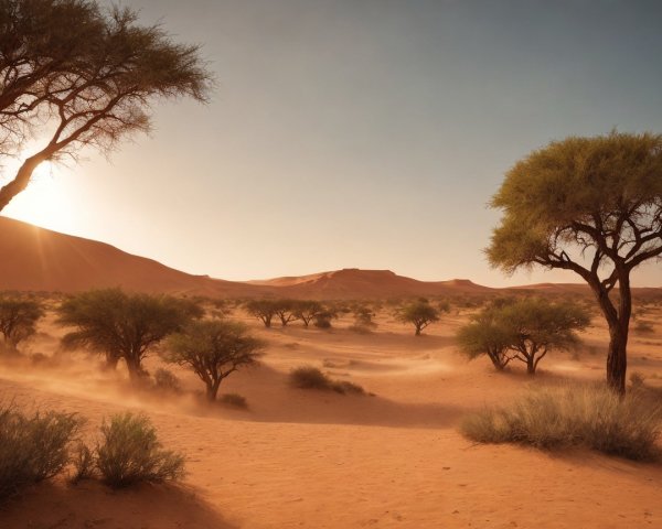Serene Desert Landscape at Sunset with Dunes and Trees