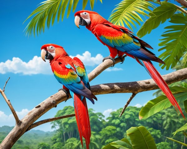 Scarlet Macaws in Tropical Foliage Under Blue Sky