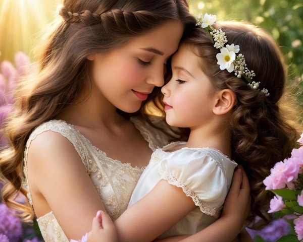 Tender Mother-Daughter Moment Amidst Blooming Flowers