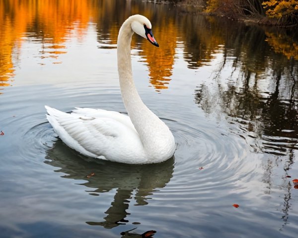 Swan Gliding on a Serene Pond with Autumn Reflections