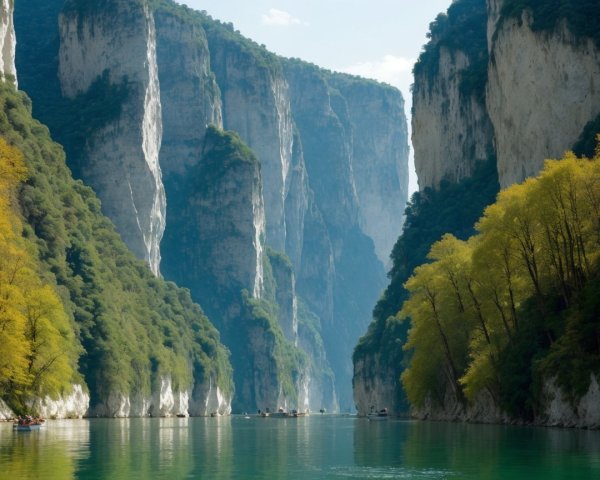 Serene River Flowing Between Towering Cliffs and Trees