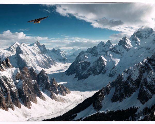 Mountain Landscape with Snow-Capped Peaks and Eagle