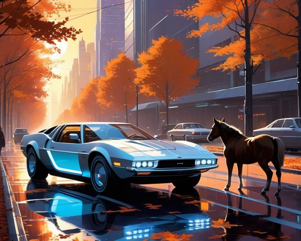 Retro-Futuristic Sports Car in Autumn City Scene