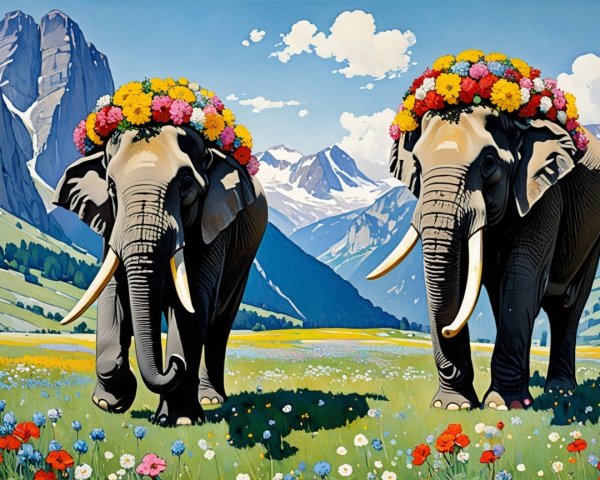 Elephants with Flower Crowns in Scenic Landscape