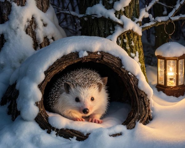 Hedgehog in Hollow Log in Serene Snowy Landscape