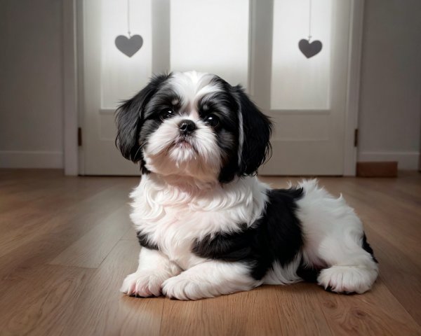 Fluffy Black and White Dog on Wooden Floor