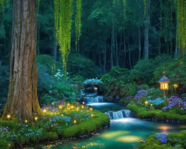 Tranquil Forest Scene with Stream and Lanterns at Dusk