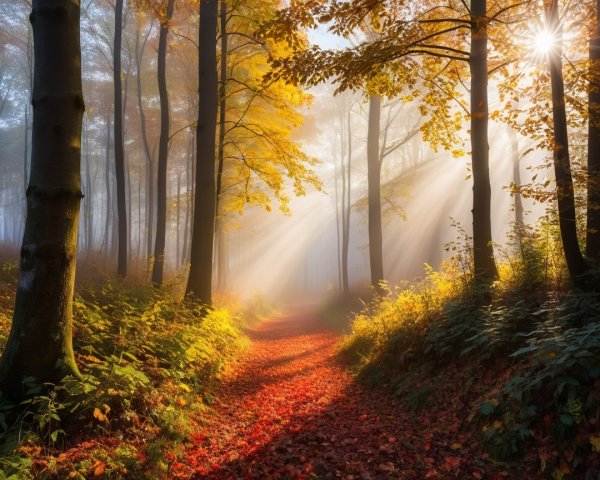 Serene Forest Pathway with Vibrant Autumn Leaves