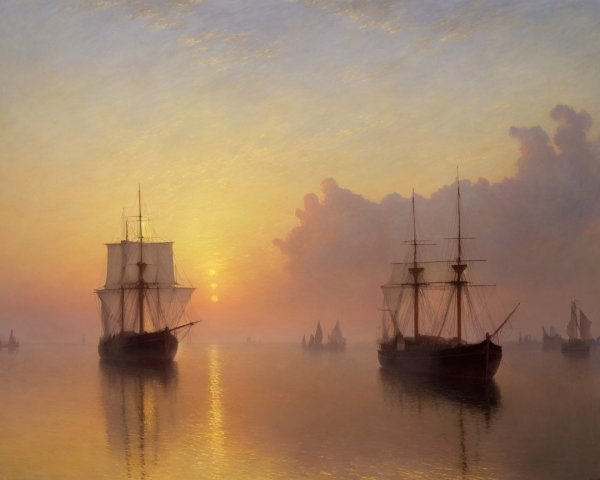 Serene Sunset Over Calm Sea with Sailing Ships