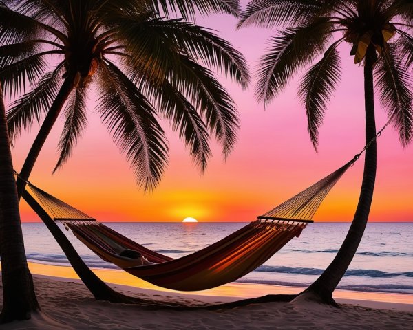 Tranquil Beach Scene at Sunset with Palm Trees