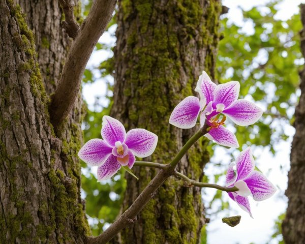 Pink and white orchids bloom on a slender branch