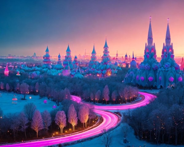 Magical Winter Landscape with Colorful Spires and Lights