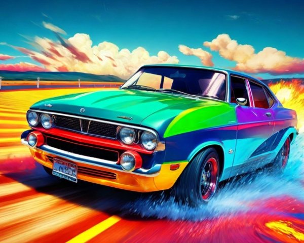 Vibrant Retro Car on Colorful Highway Scene