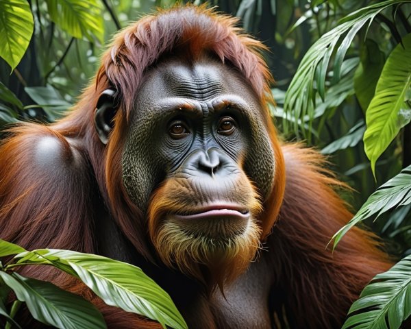 Close-Up of an Orangutan in Lush Jungle Foliage