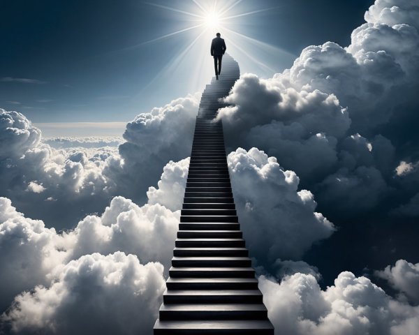 Solitary Figure Ascending Staircase Through Clouds