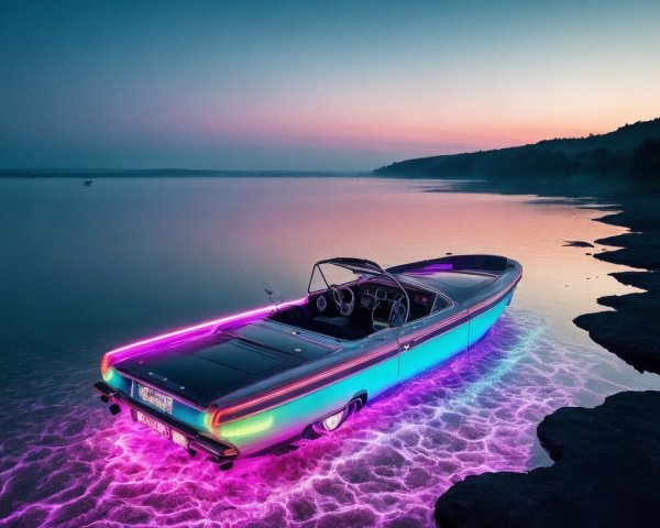 Vintage Convertible Car by Neon Waters at Dusk