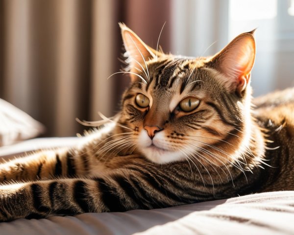 Tabby Cat Relaxing on Soft Bedspread in Sunlight