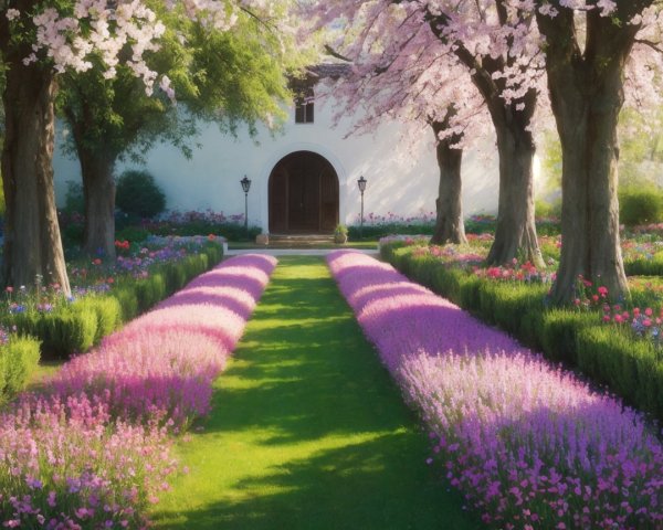 Serene Garden Pathway with Vibrant Flowers and Trees