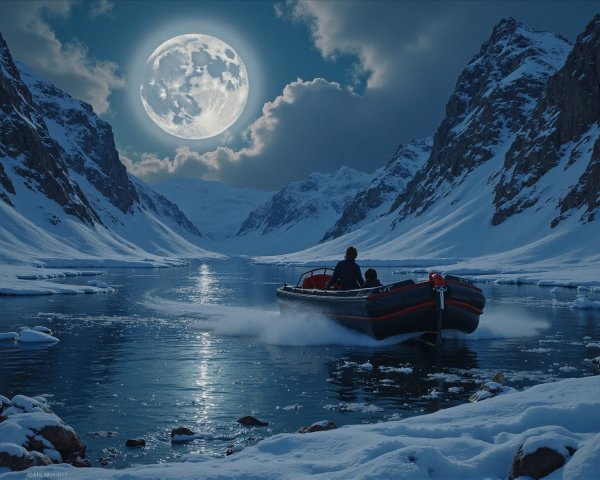 Lone Boat on Icy River with Snow-Capped Mountains