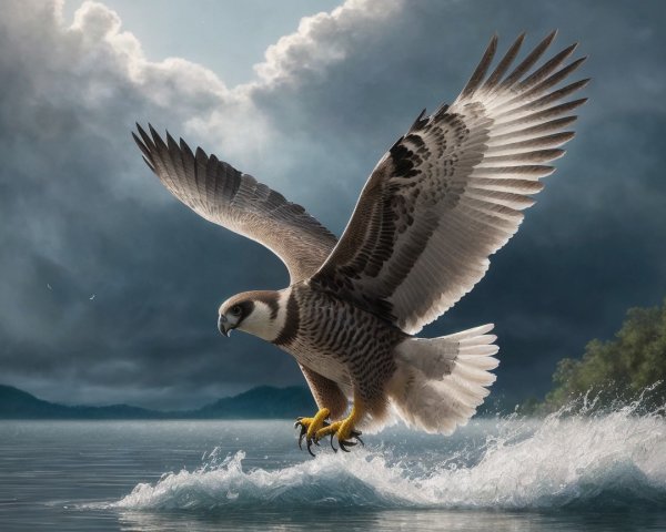 Hawk in Flight Over Shimmering Water and Dramatic Sky