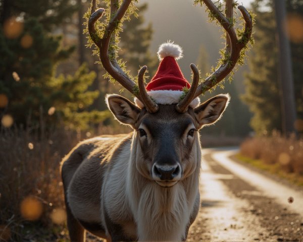 Smiling reindeer in Santa hat on a forest road