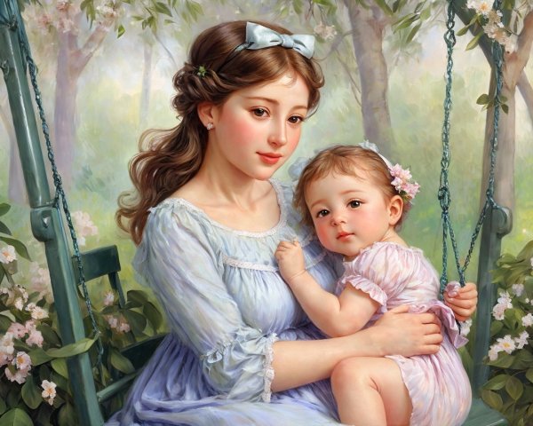 Mother and Baby on Swing Under Blossoming Trees