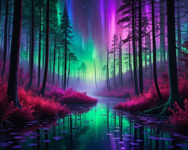 Serene Forest Scene Under Vibrant Northern Lights