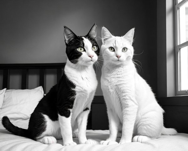 Two Cats on Light-Colored Bed in Shadowed Room