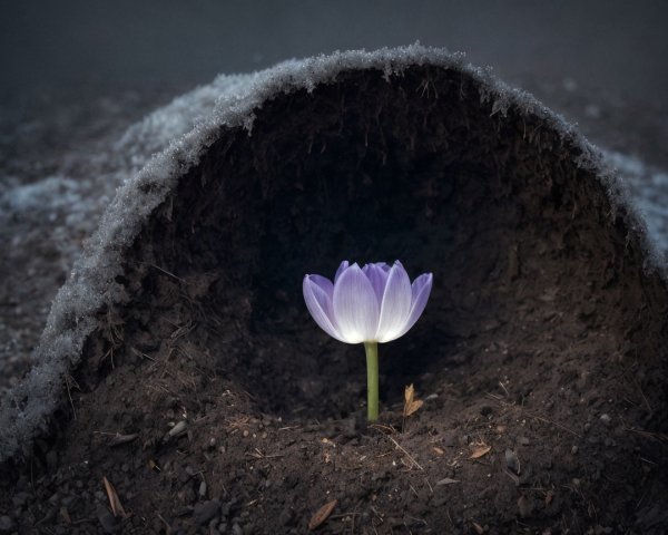 Pale Purple Crocus Flower Emerging from Snowy Soil