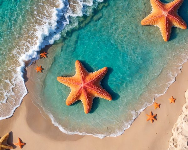 Vibrant Beach Scene with Turquoise Ocean and Starfish