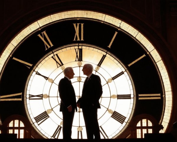 Silhouetted Figures in Front of a Grand Clock